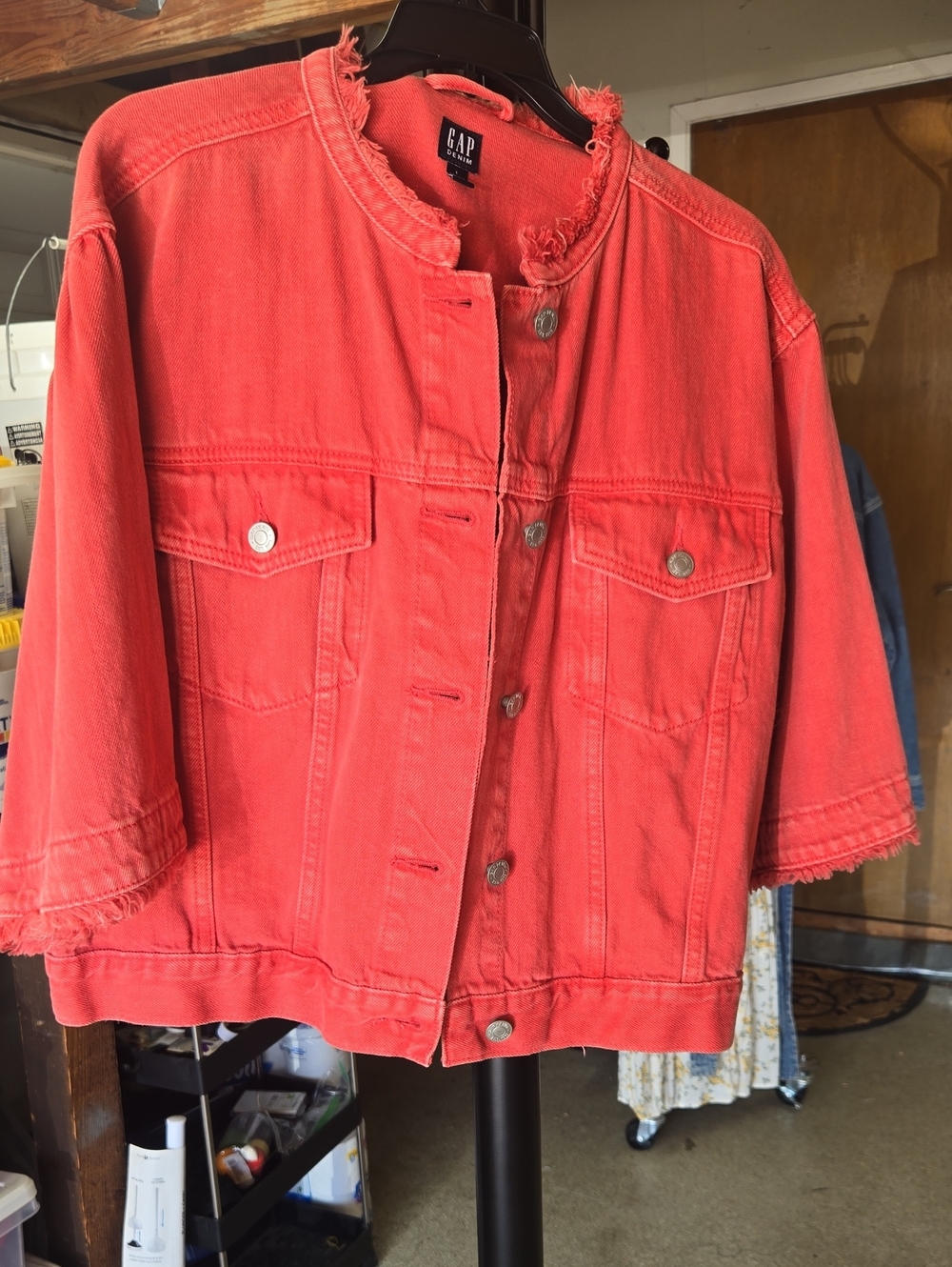 GAP Coral Pink Frayed Hem Crop Denim Jacket
